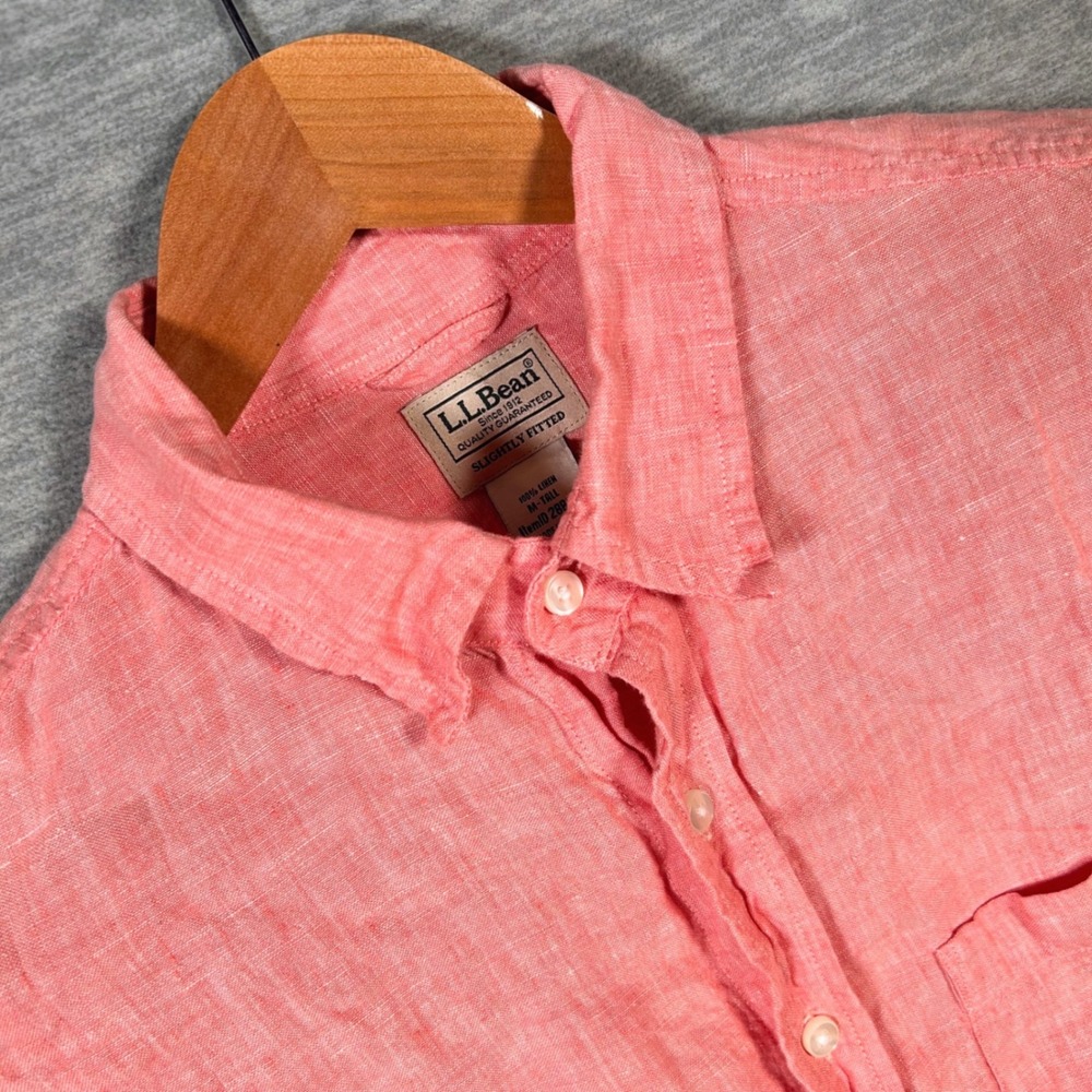 LL Bean Linen Shirt Mens M Tall Pink Long Sleeve Slightly Fitted Spring Summer - Picture 1 of 8